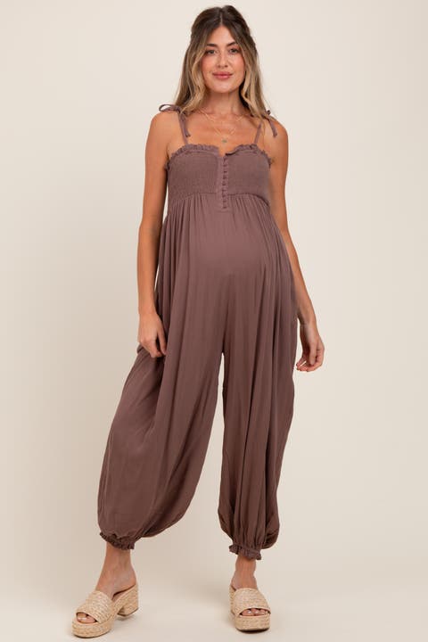 Smocked Button Front Shoulder Tie Jumpsuit