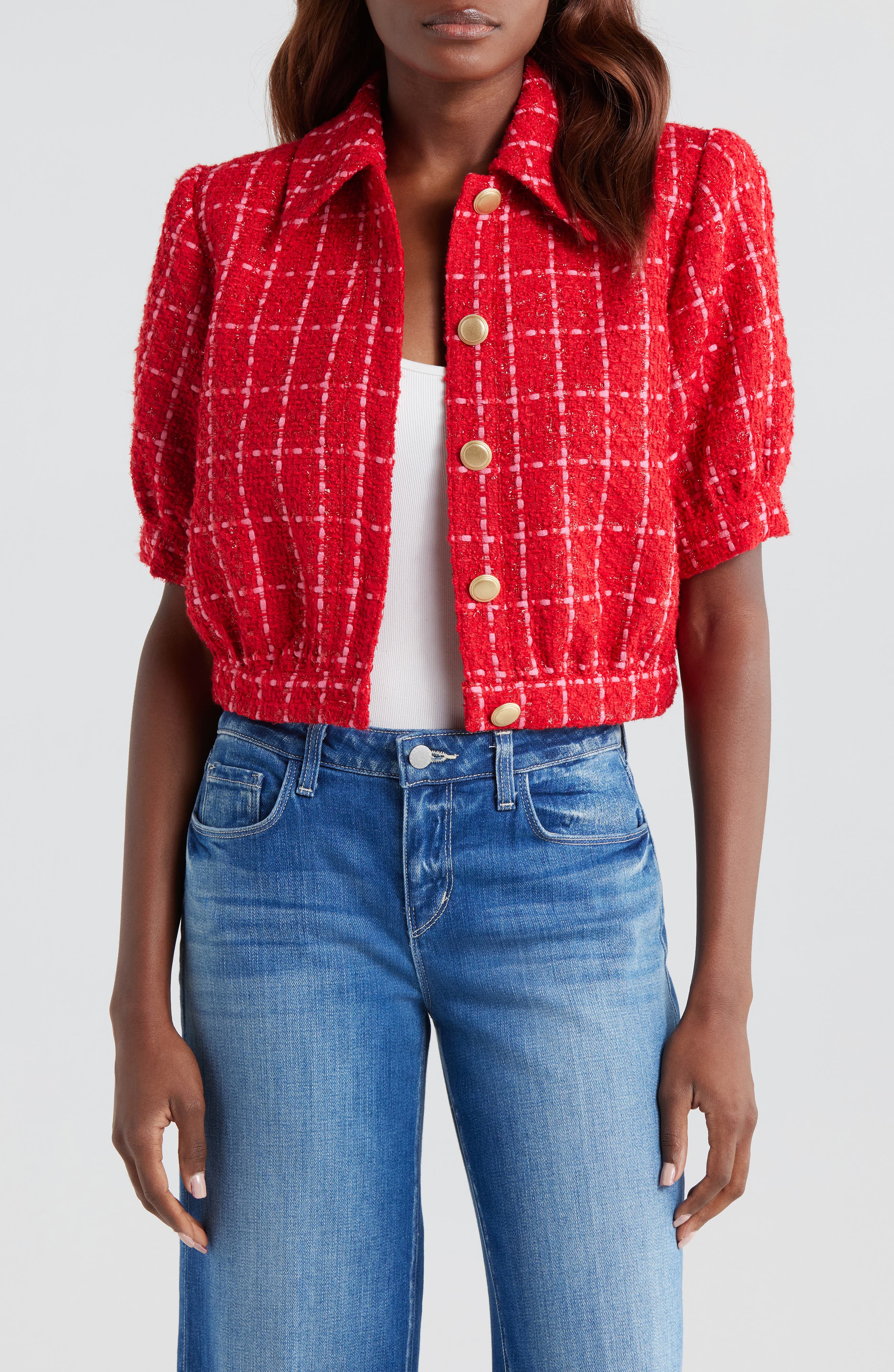 L'AGENCE Cove Plaid Short Sleeve Crop Tweed Jacket