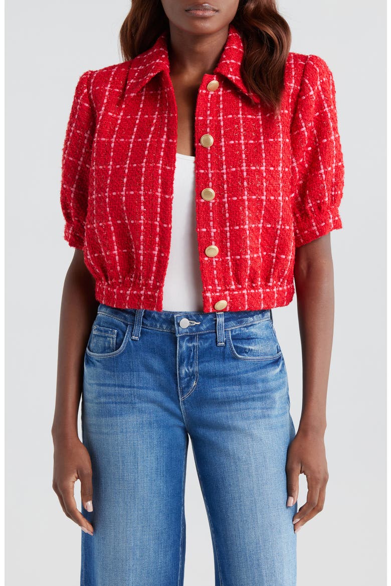 Cove Plaid Short Sleeve Crop Tweed Jacket, Main, color, RED/ HOT PINK PLAID