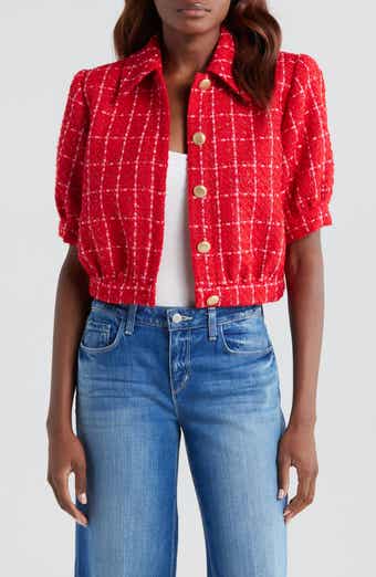 L'AGENCE Cove Plaid Short Sleeve Crop Tweed Jacket