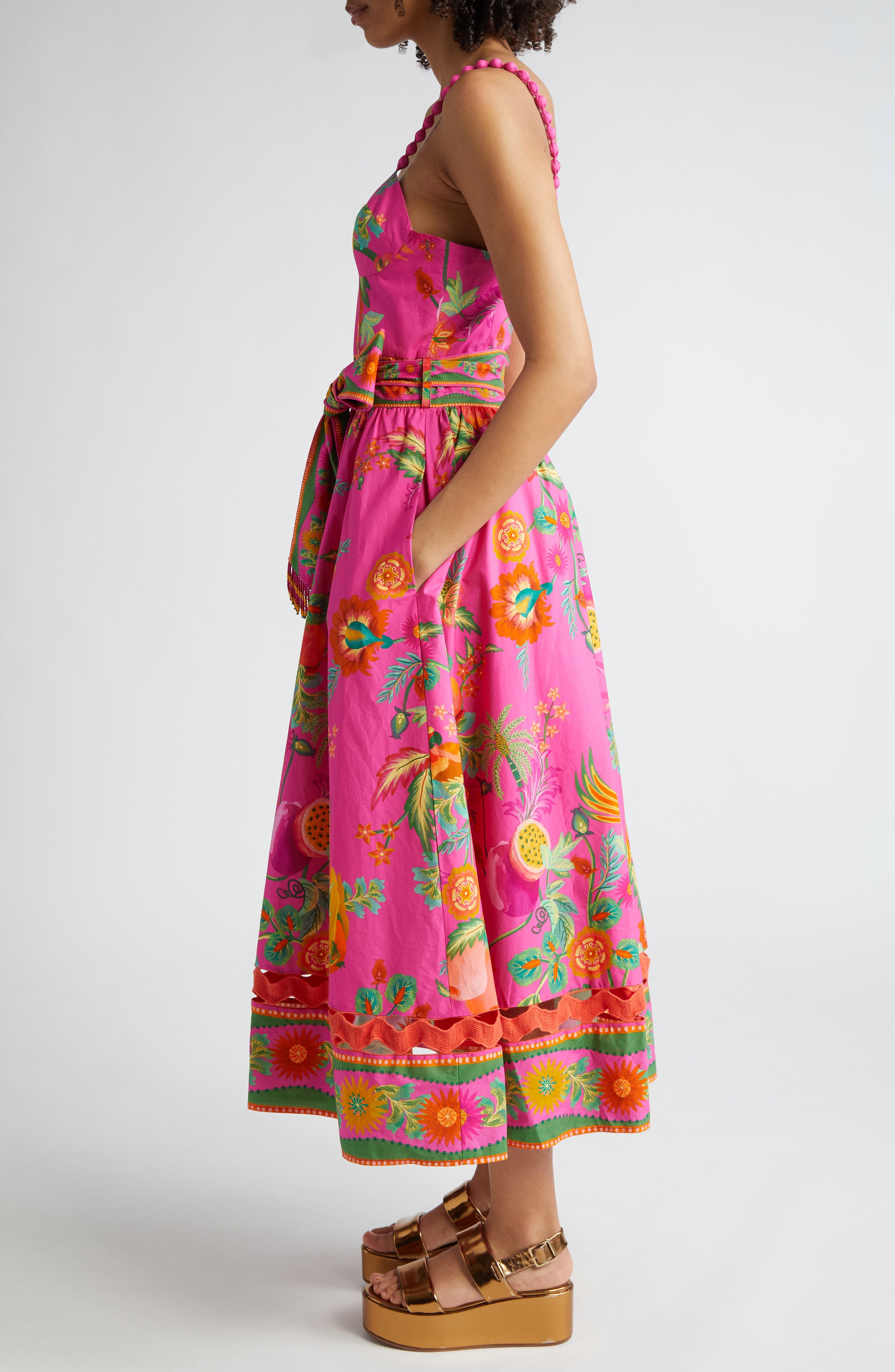 farm rio pink delicate fruit dress Printed Mini Dress With Beaded Belt