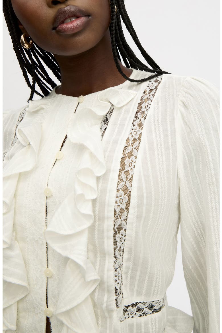 Lace Inset Ruffle Cotton Button-Up Shirt, Alternate, color, BRIGHT WHITE