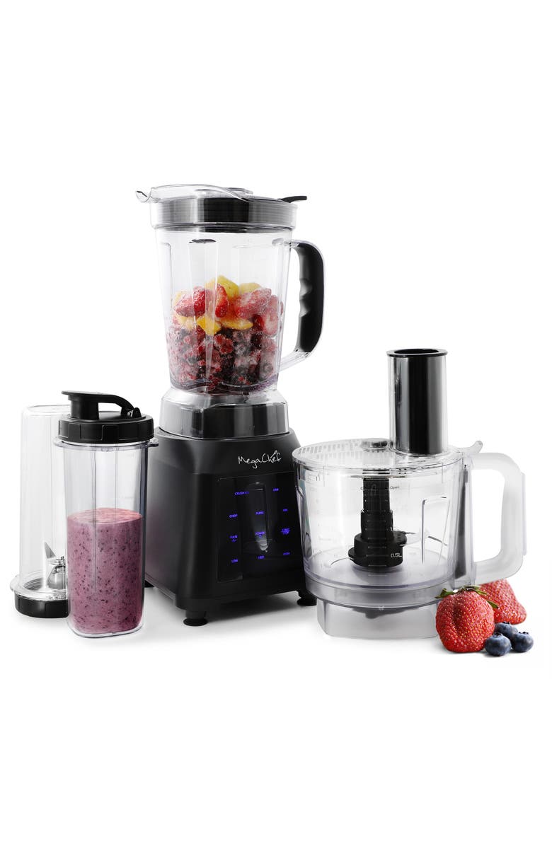 Megachef 8 Cup Blender with 5 Cup Food Processor and Two 24 Ounce On-The-Go Cup Combo Set, Main, color, Black