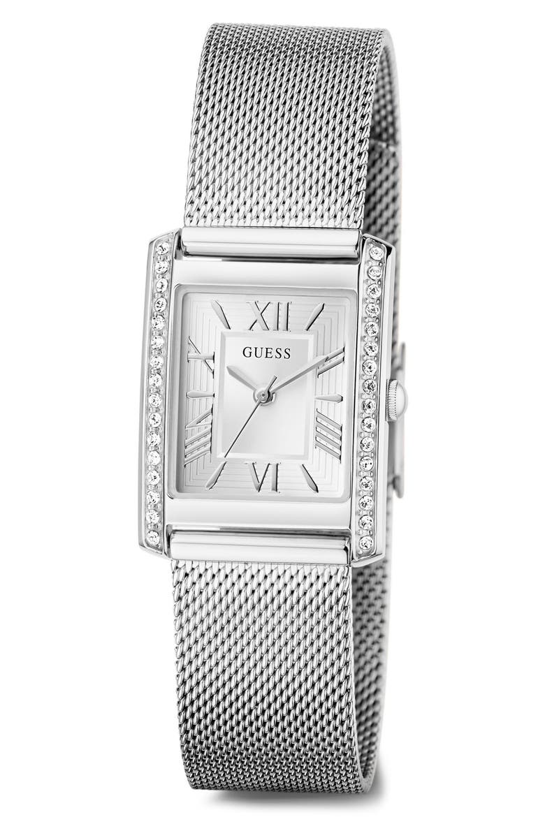 Crystal Bezel Tank Mesh Strap Watch, 17mm x 23mm, Alternate, color, WHITE/ SILVER