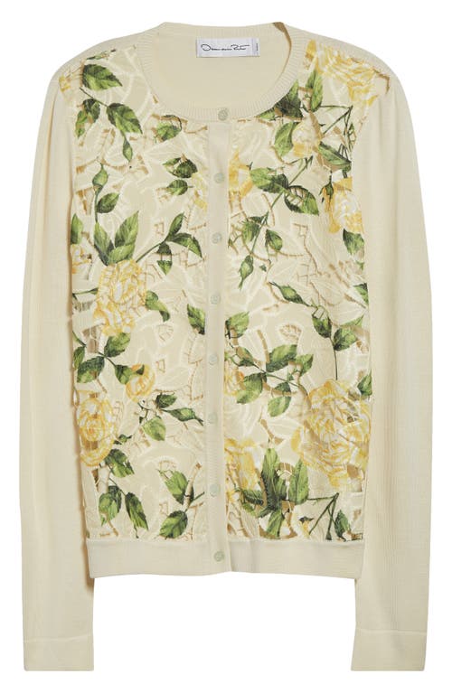 Oscar De La Renta Garden Rose Print Mixed Media Cardigan In Soft Yellow