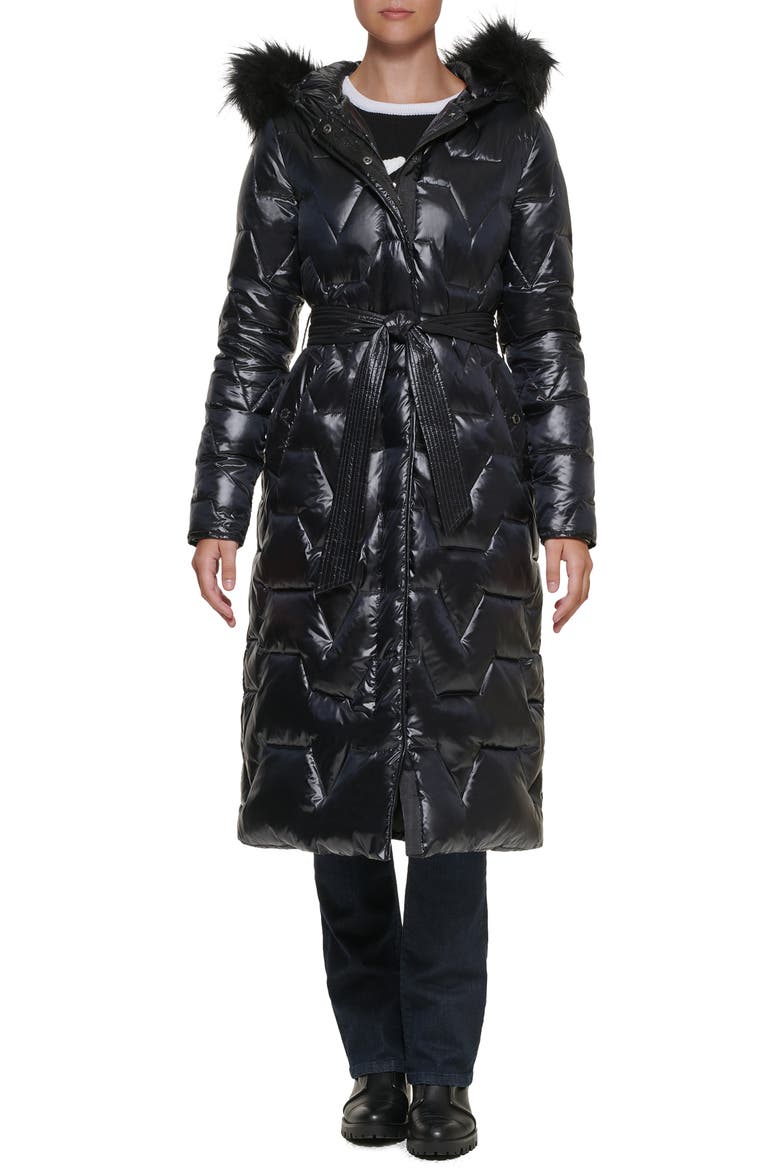 Zigzag Faux Fur Trim Water Resistant Coat, Main, color, BLACK