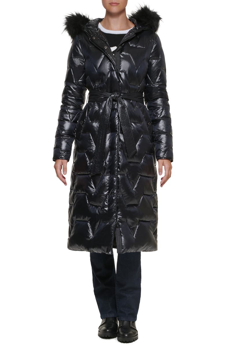 KARL LAGERFELD PARIS Zigzag Faux Fur Trim Water Resistant Coat, Main, color,