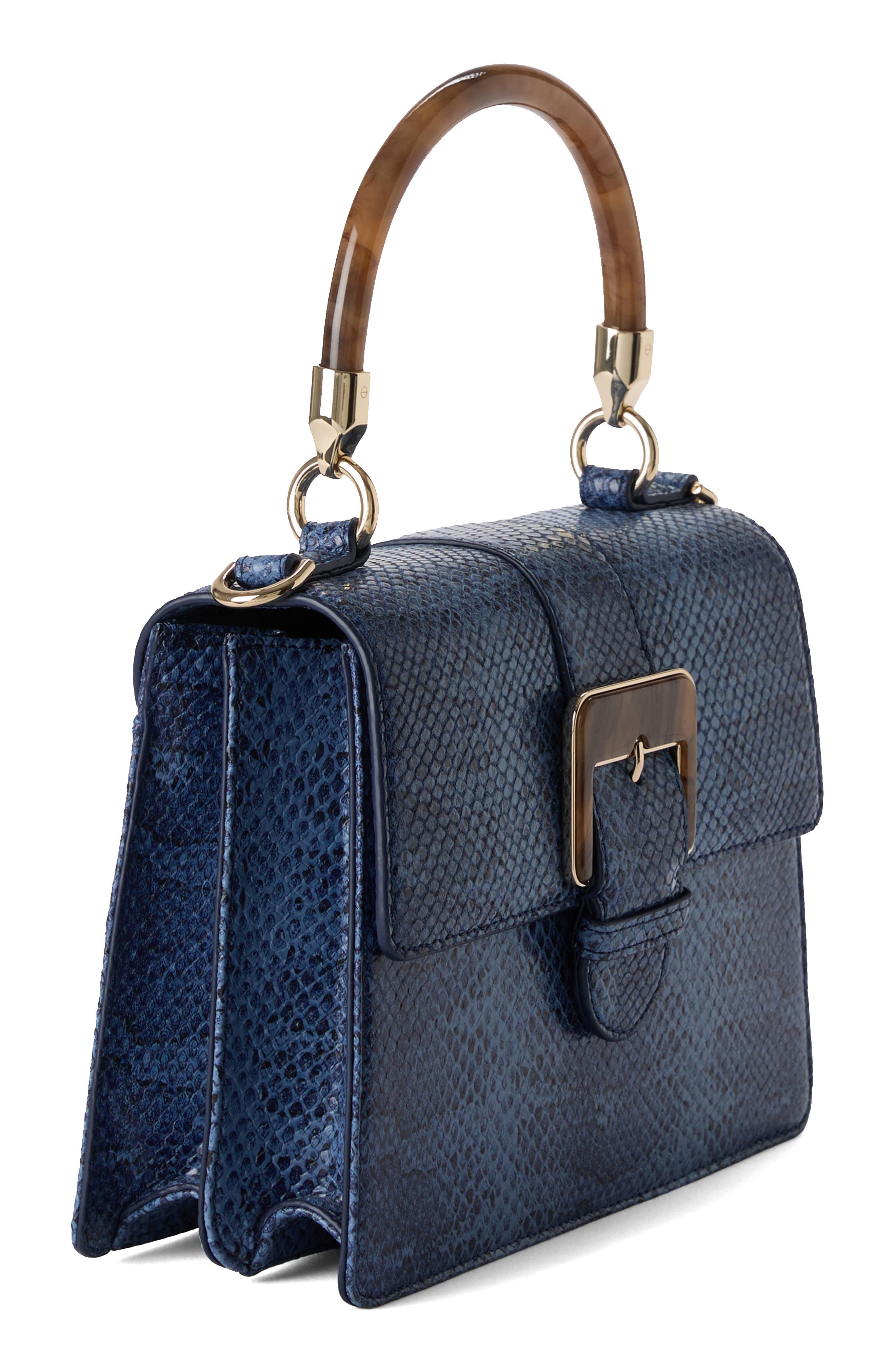 Brahmin Small Hallie Snakeskin Embossed Leather Top Handle Bag, Alternate, color, Navy