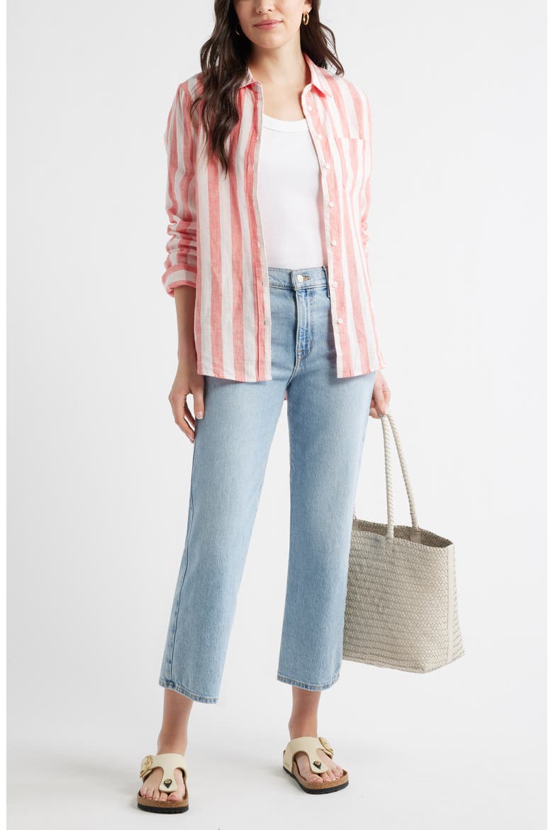 Casual Linen Button-Up Shirt, Alternate, color, PINK- CORAL CABANA STRIPE