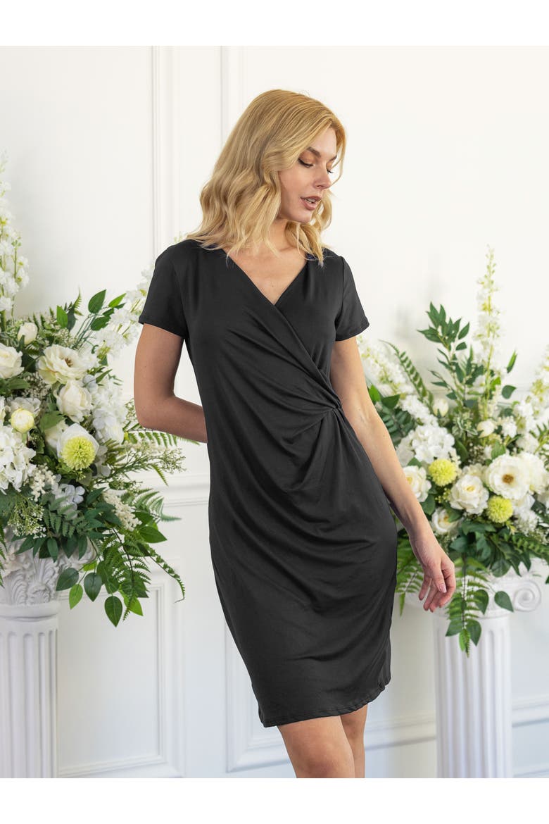 Short Sleeve Knee Length Faux Wrap Dress, Alternate, color, Black