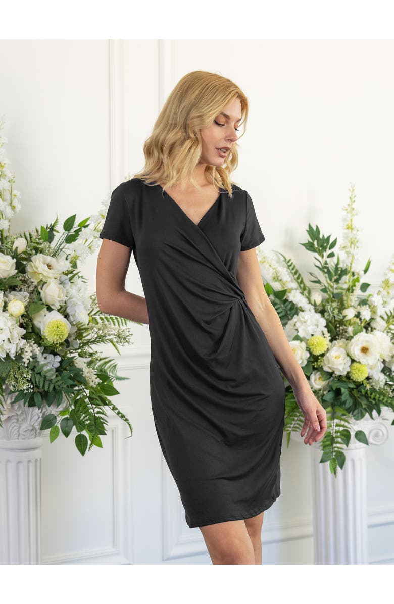 24seven Comfort Apparel Short Sleeve Knee Length Faux Wrap Dress, Alternate, color, Black