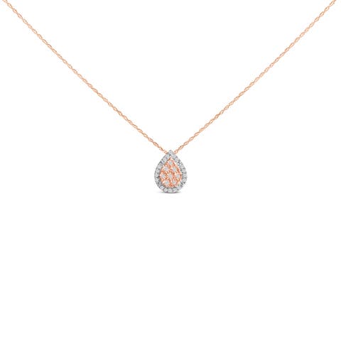 14K Rose Gold Plated Sterling Silver 1/4 Cttw Diamond Teardrop Halo Pendant Necklace