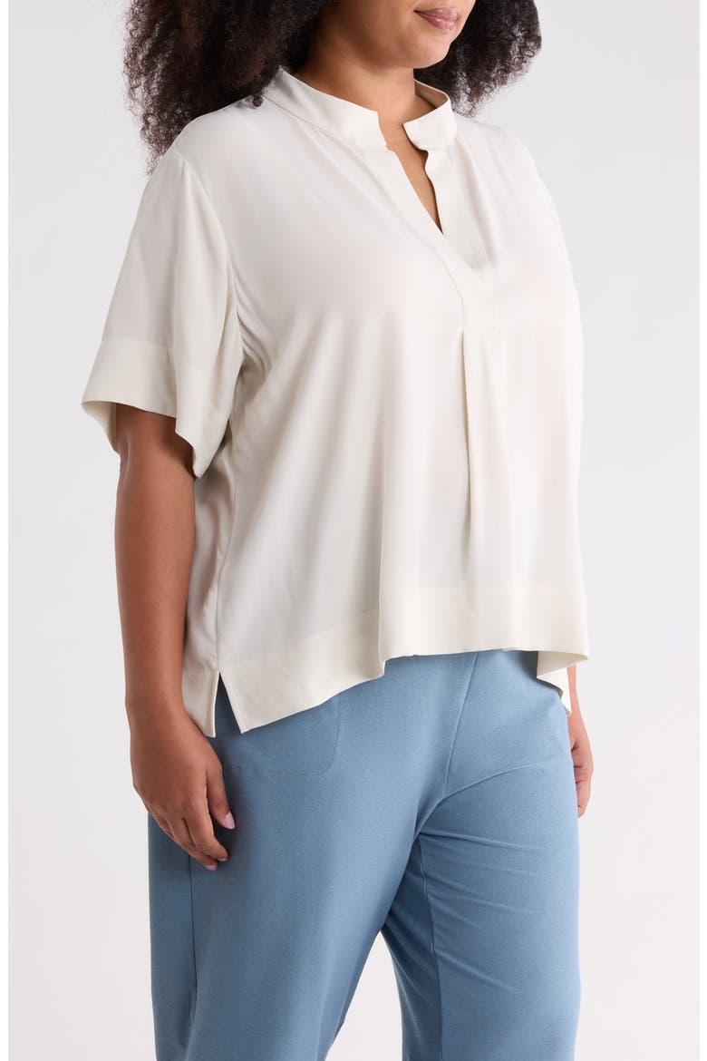Split Neck Silk Short Sleeve Top, Alternate, color, PLSTR