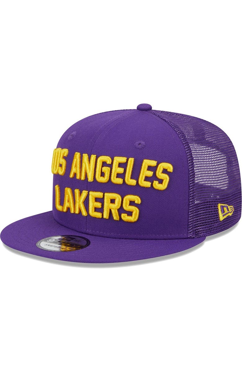 New Era Men's New Era Purple Los Angeles Lakers Stacked Script 9FIFTY Trucker Snapback Hat, Alternate, color,