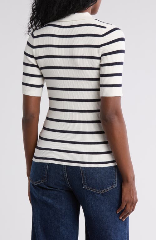 Nordstrom Rack Stripe Rib Polo Sweater In Ivory Tofu- Navy Night Stripe
