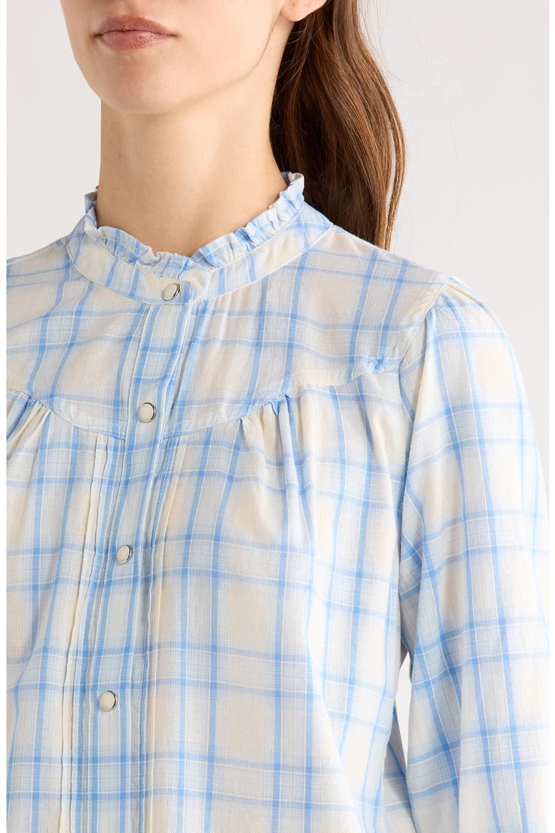 Alanna Ruffle Plaid Organic Cotton Snap-Up Shirt, Alternate, color, BLUEBELL IVORY