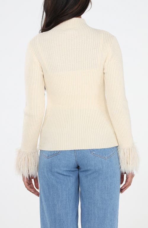 Rain And Rose Faux Feather Cuff Ribbed Sweater In White