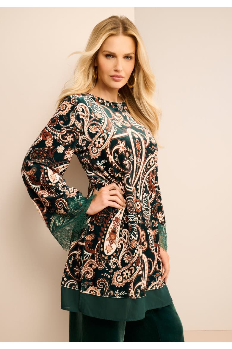 Lace Trim Velour Tunic, Alternate, color, EMERALD GREEN