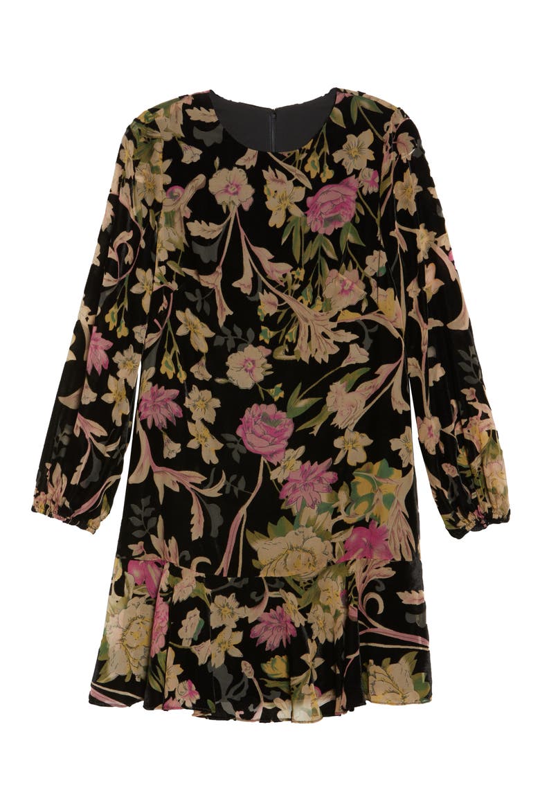 Floral Print Velvet Shift Dress, Alternate, color, BLACK