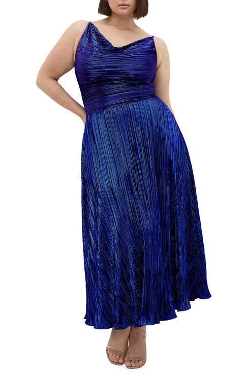 Kamila Plissé Metallic Sleeveless Maxi Dress (Plus)
