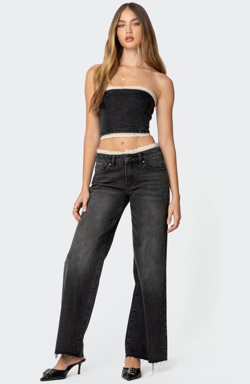 Shop Edikted Karlie Lace Trim Denim Tube Top In Black-washed