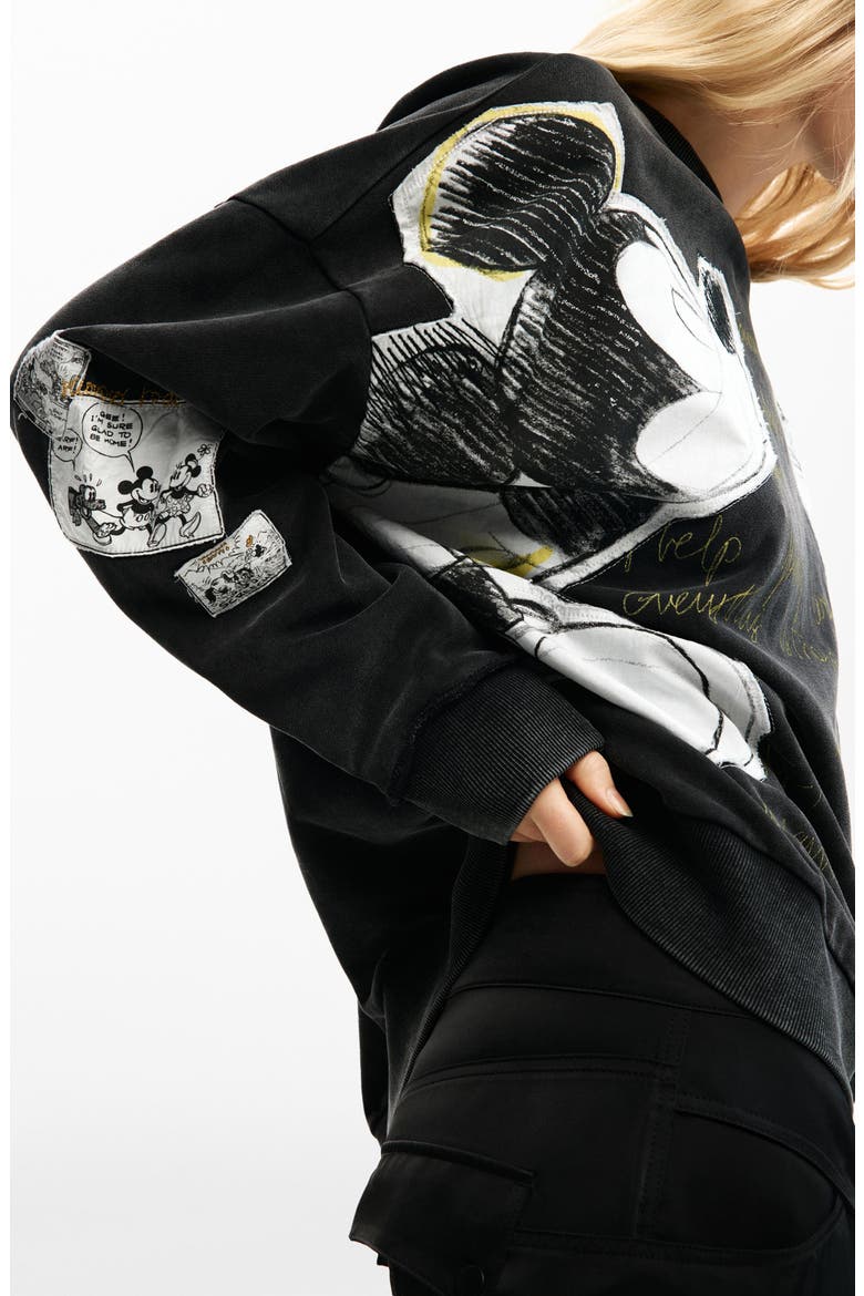 Mickey & Minnie Mouse Patch Distressed French Terry Sweatshirt, Alternate, color, BLACK