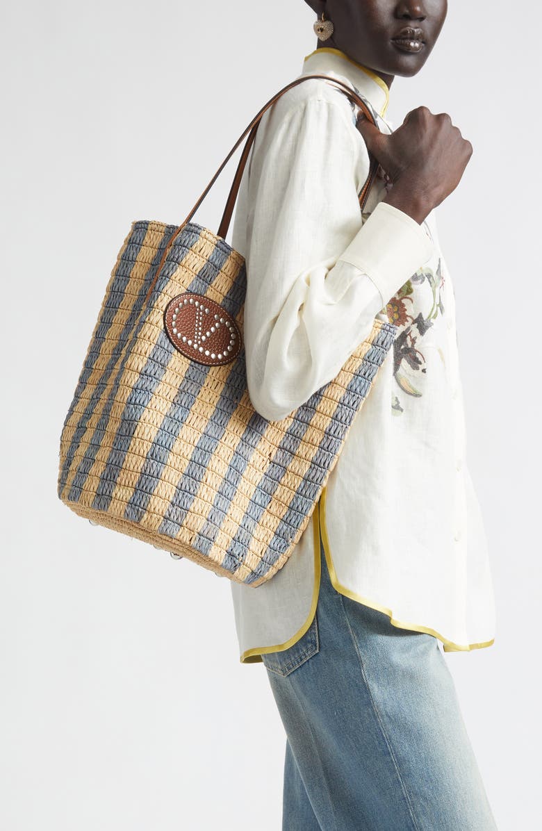 Valentino Garavani VLOGO Signature Crochet Raffia Tote, Alternate, color, Natural/ Blue