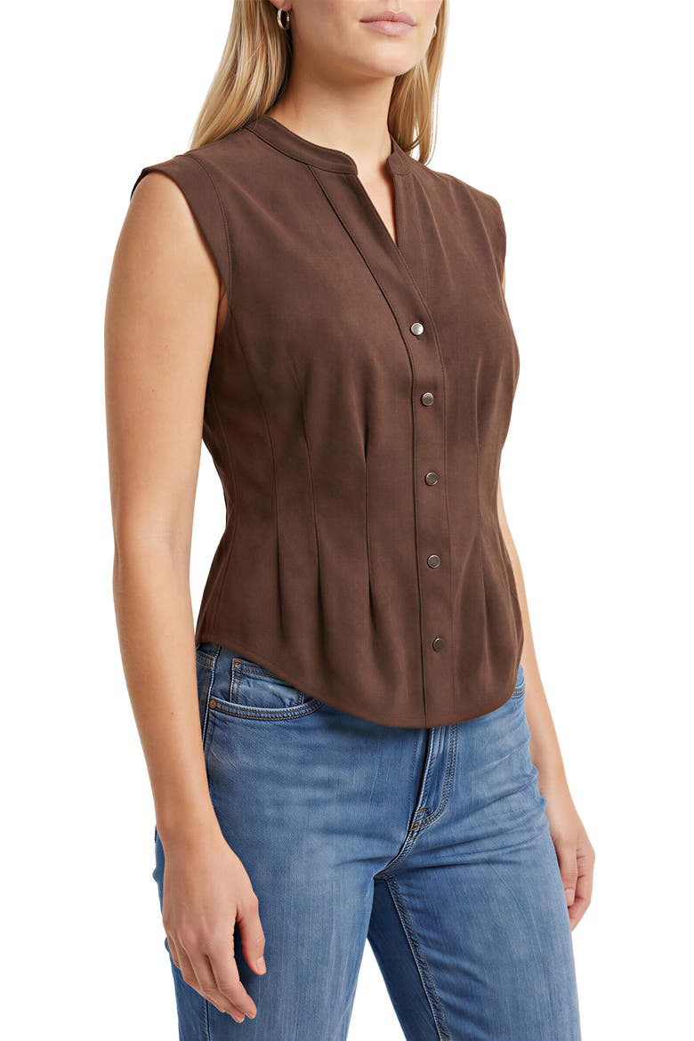 Faux Suede Sleeveless Fitted Waist Button-Up Shirt, Alternate, color, COCO DUST