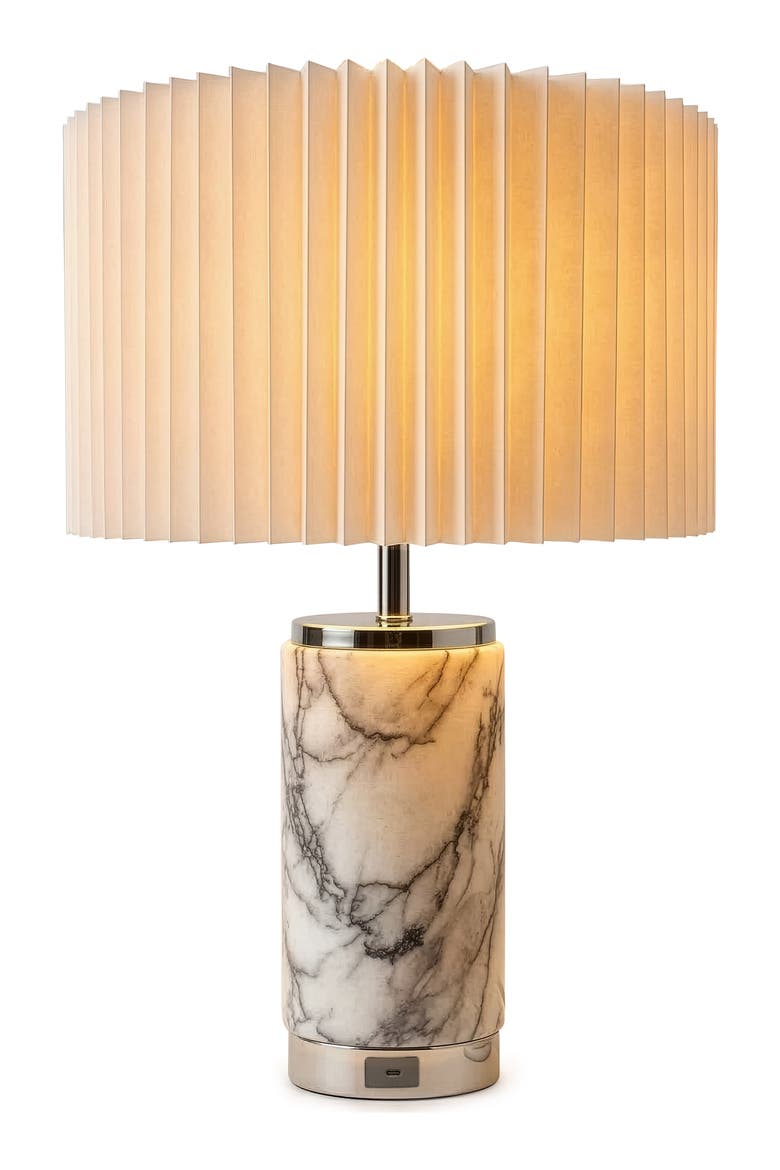 Arden 17" LED Table Lamp with Pleated Drum Shade, Polished Nickel Finish and USB-C Charging Port, Main, color, Polished Nickel