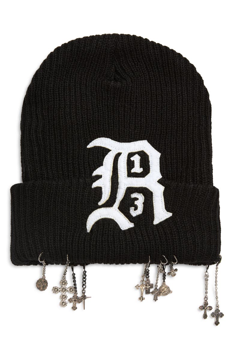 R13 Logo Patch Cashmere Beanie with Chains, Main, color, Black
