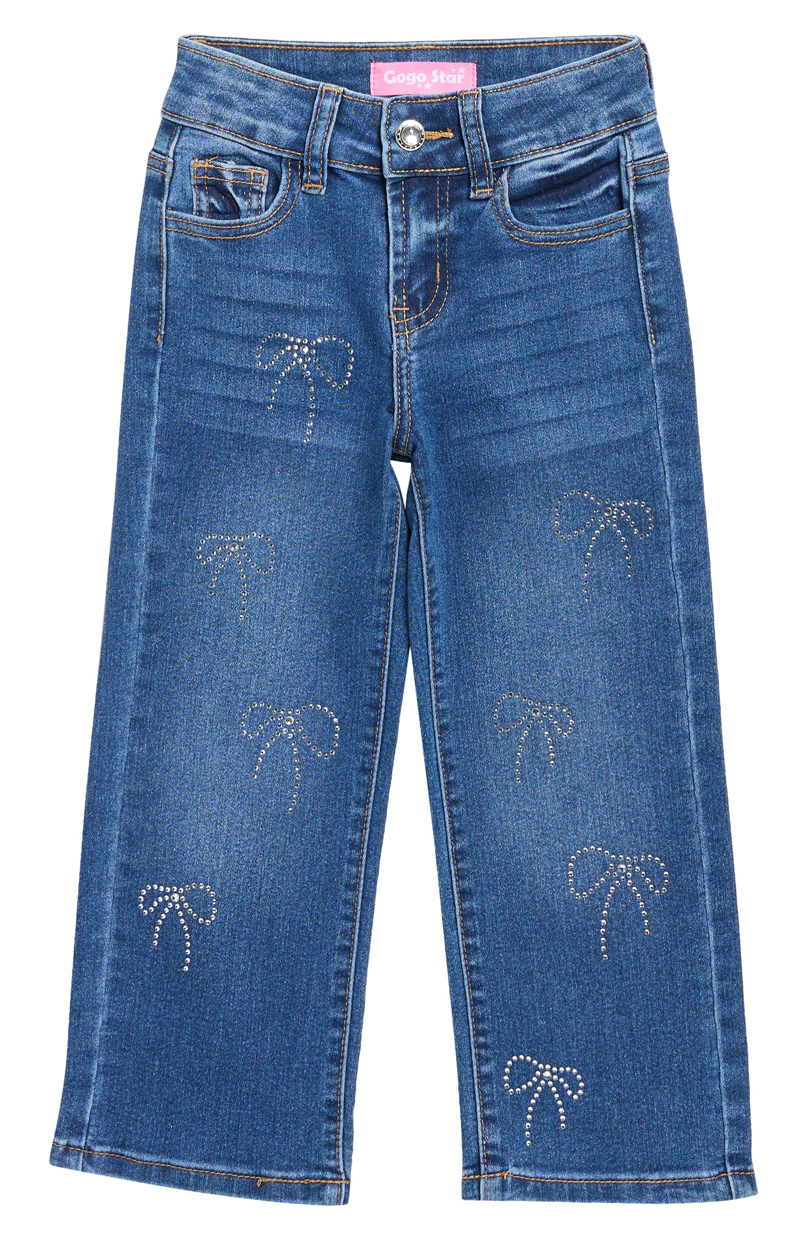GOGO STAR Kids' Rhinestone Bow Straight Leg Jeans
