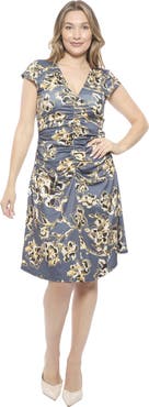 24seven Comfort Apparel Womens Floral V-Neck Cap Sleeve Ruched Front Knee Length Dress