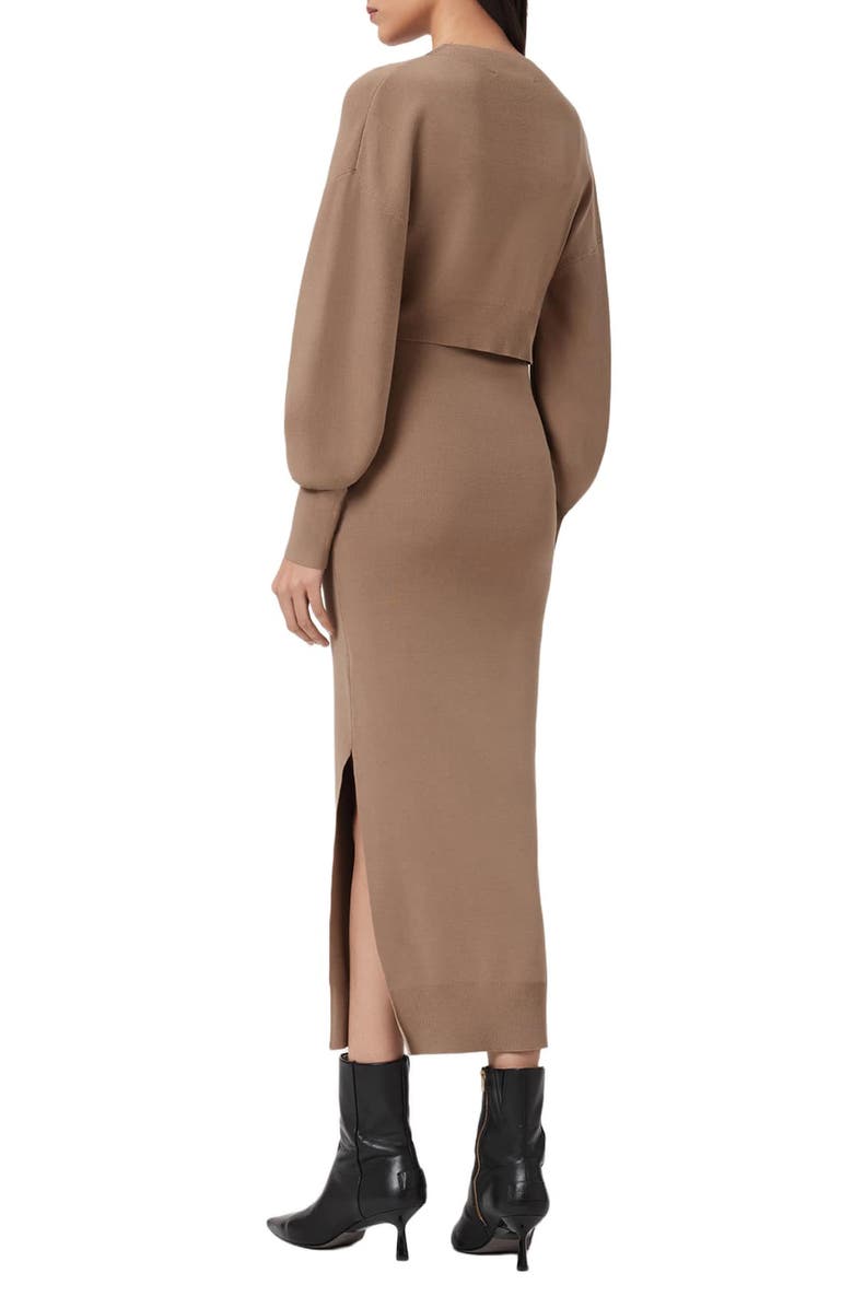 AllSaints Dina Blouson Sleeve Sweater & Knit Midi Dress Set, Alternate, color, Pine Bark Brown