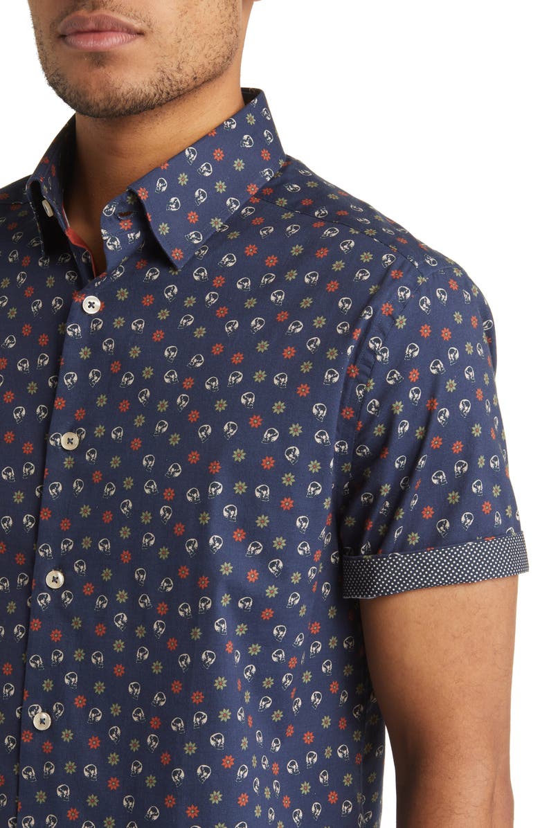 Stone Rose Floral & Skull Print Short Sleeve Stretch Cotton Button-Up Shirt, Alternate, color,