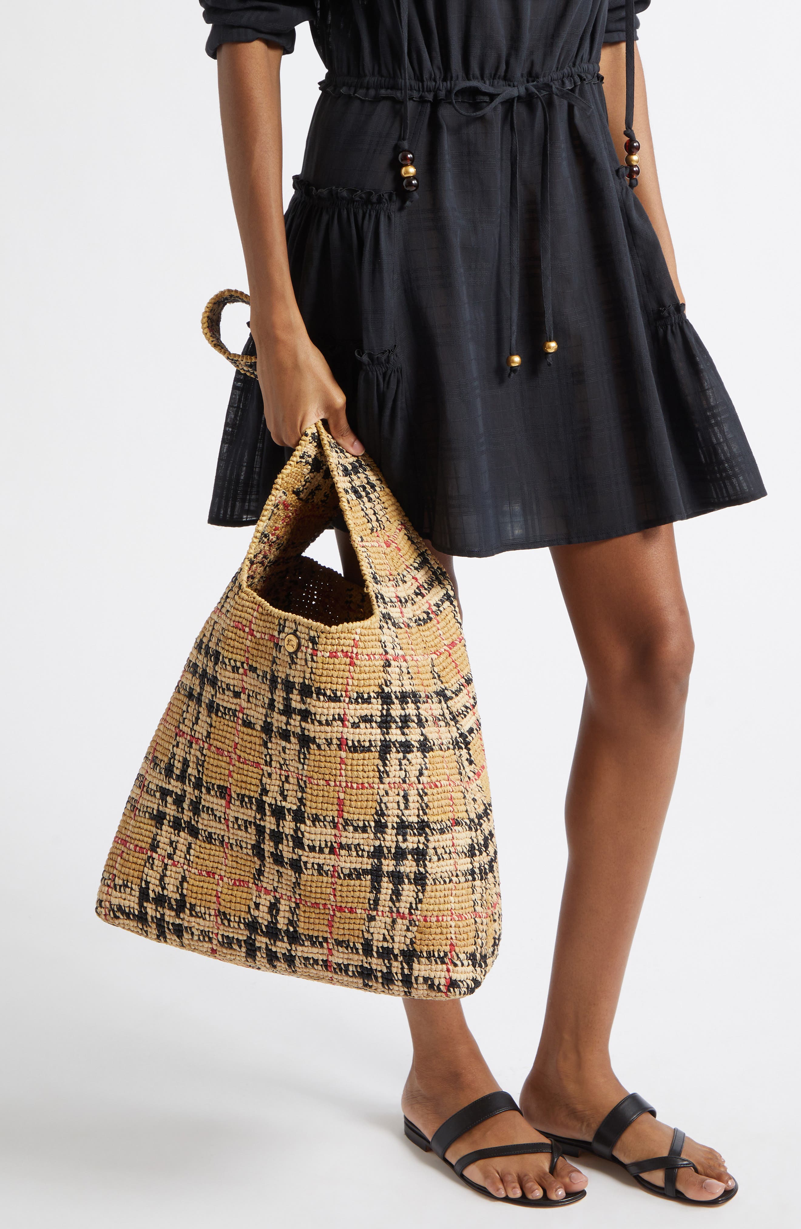 Burberry Margate Check Raffia Hobo Bag, Alternate, color, Sand