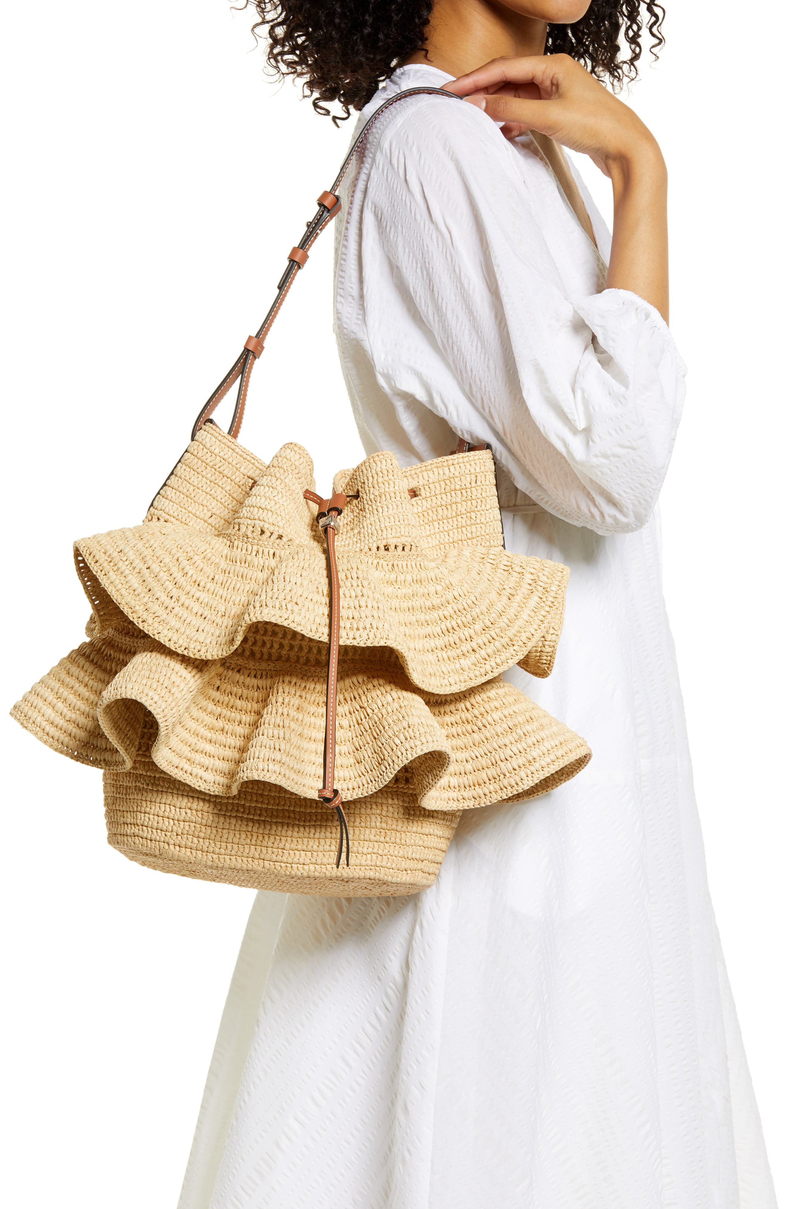 Loewe x Paula's Ibiza Balloon Ruffle Raffia Bucket Bag, Alternate, color, 