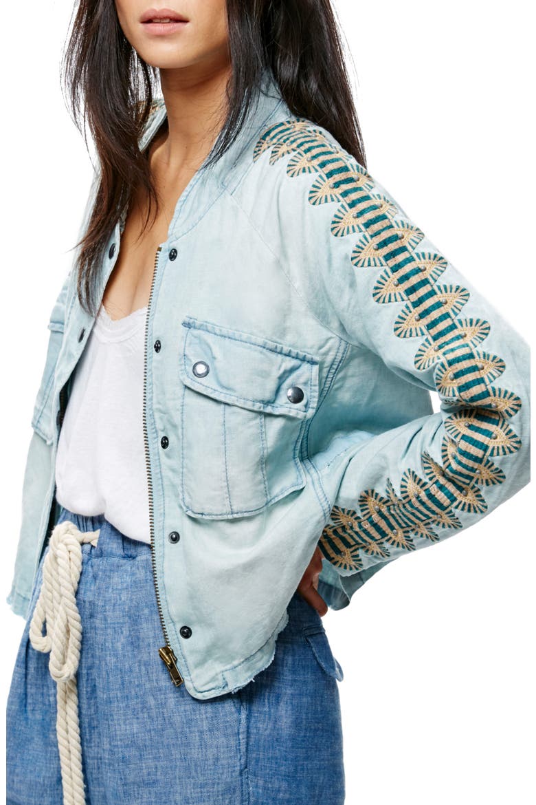 Embroidered Linen & Cotton Jacket, Alternate, color, BLUE