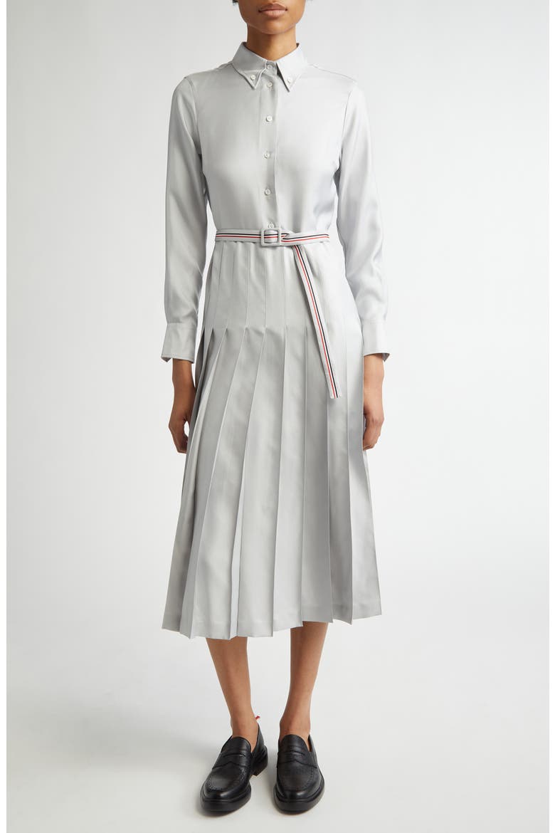 Long Sleeve Pleated Silk Midi Shirtdress, Main, color, LIGHT GREY