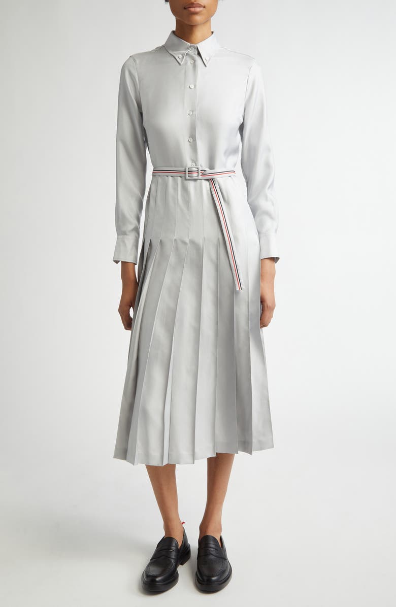 Thom Browne Long Sleeve Pleated Silk Midi Shirtdress, Main, color, Light Grey
