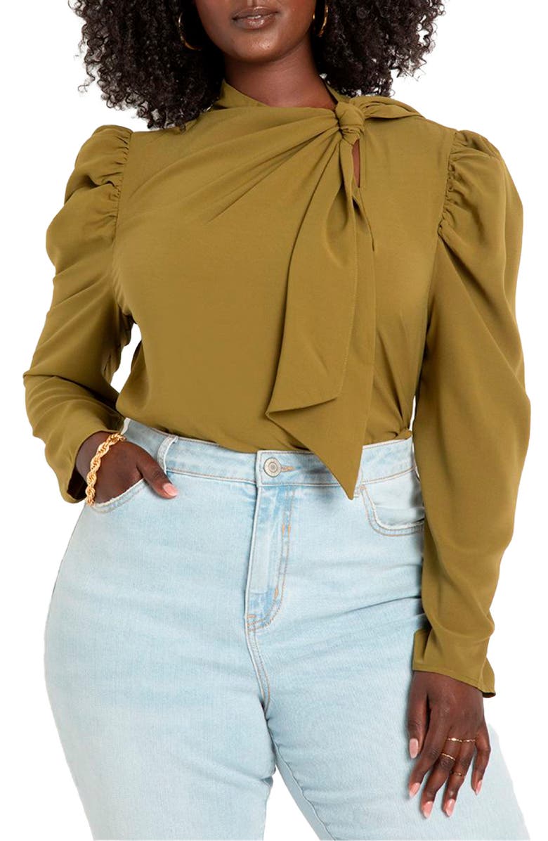 ELOQUII Tie Neck Puff Shoulder Top, Main, color,