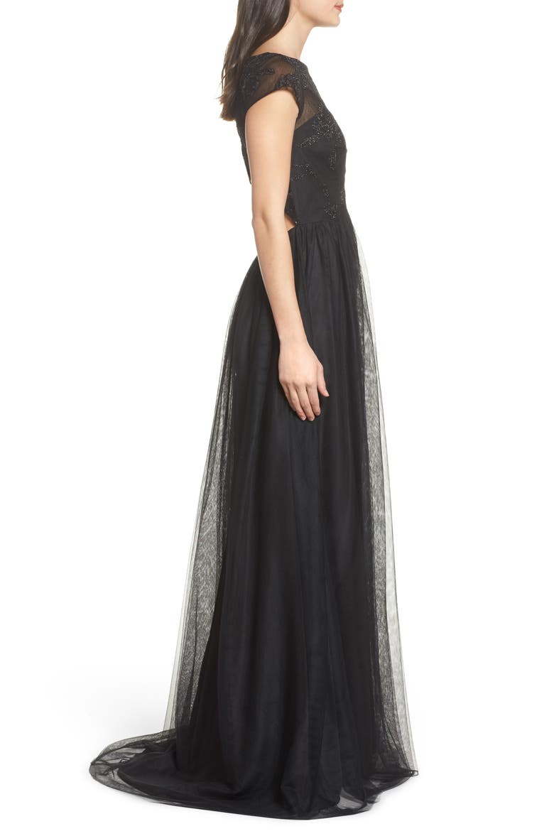 Embroidered Bodice Net Gown, Alternate, color, BLACK