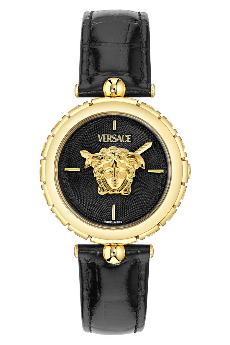 Medusa Heritage Leather Strap Watch, 38mm, Main, color, IP YELLOW GOLD