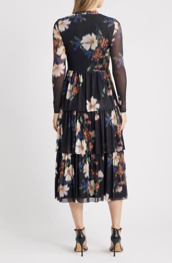 Tiered Ruffle Floral Print Long Sleeve Dress