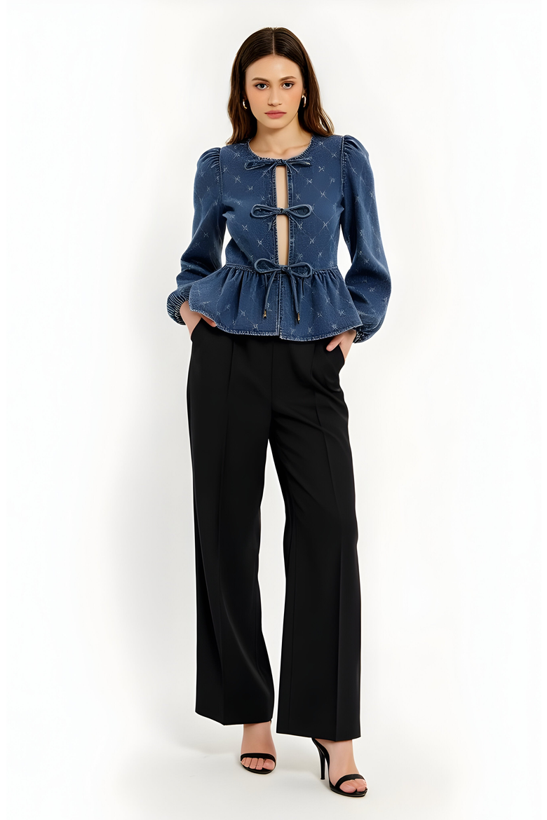 Denim Top with Bow-Front and Puffed Sleeves, Alternate, color, Dark Blue