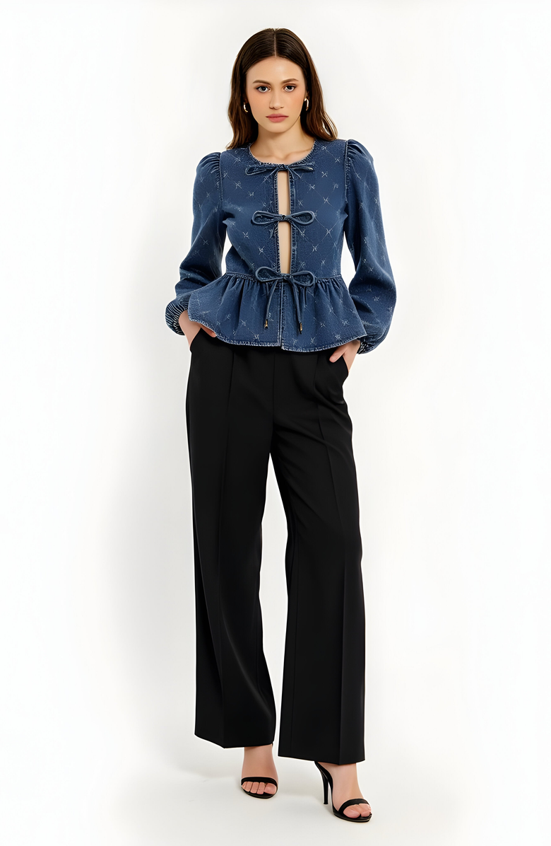 Modenaire Denim Top with Bow-Front and Puffed Sleeves, Alternate, color, Dark Blue