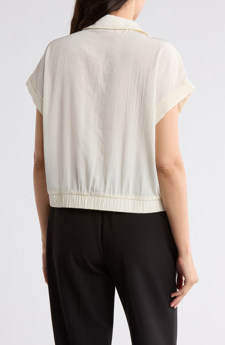 Pleione Short Sleeve Faux Wrap Textured Satin Top, Alternate, color, Ivory