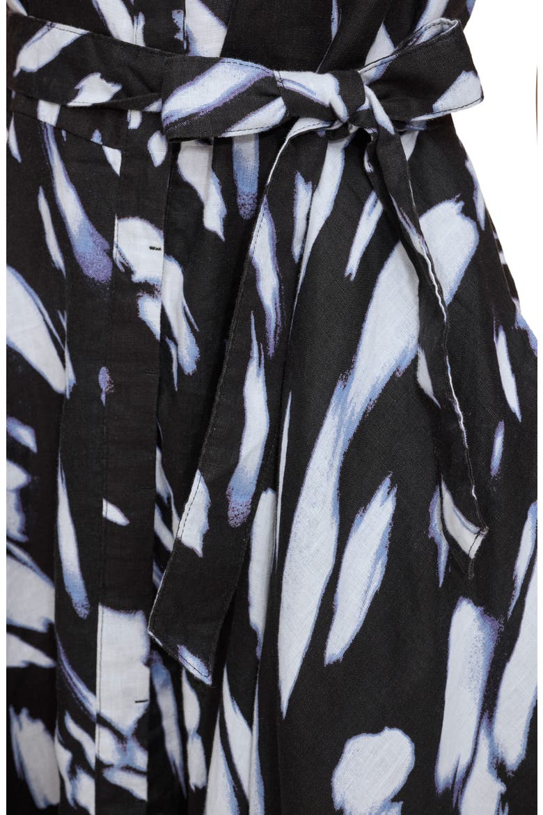 Print Cap Sleeve Linen Shirtdress, Alternate, color, BLACK/ WAVE BLUE MULTI