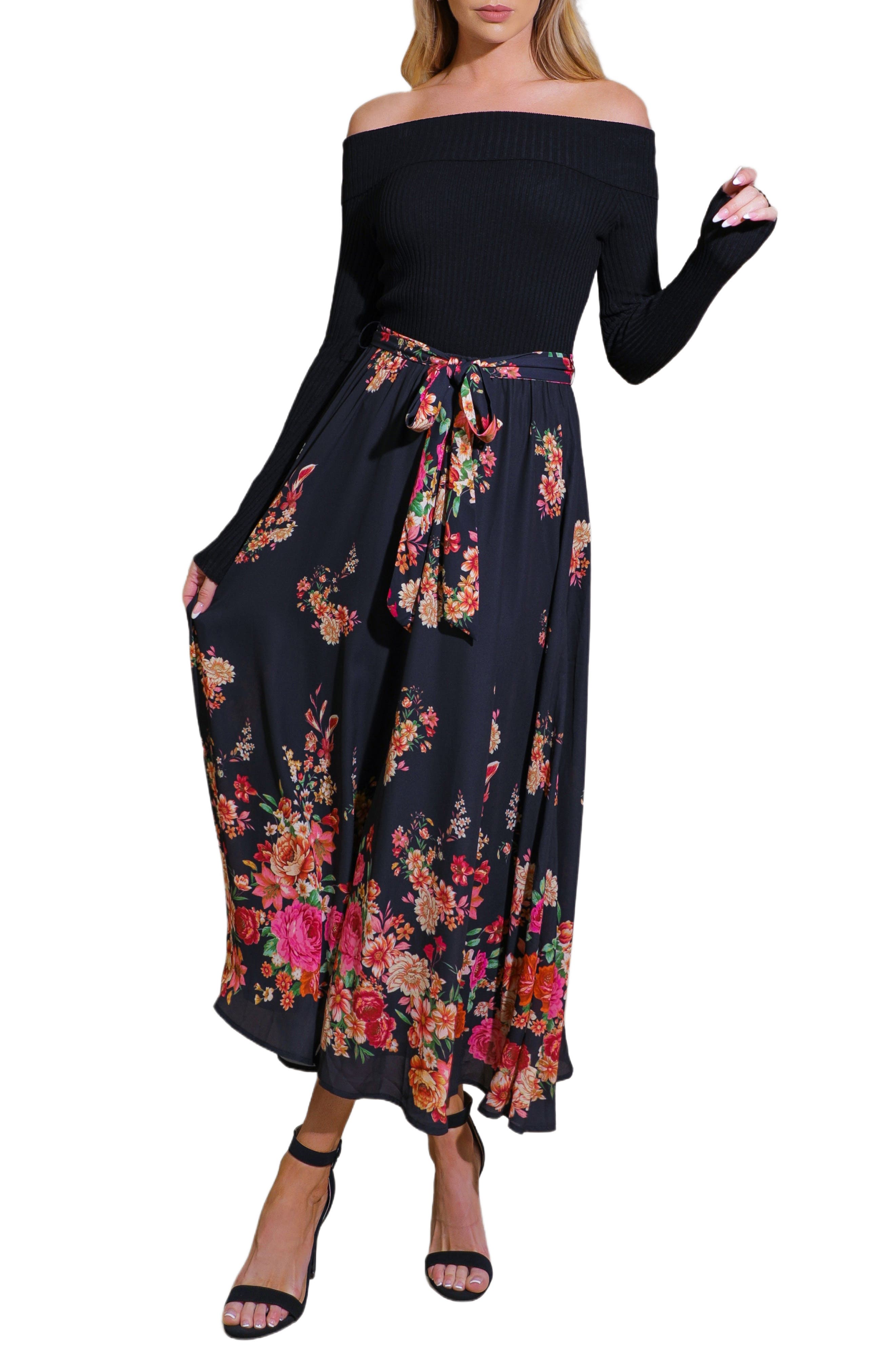 Floral Mix Off the Shoulder Midi Dress