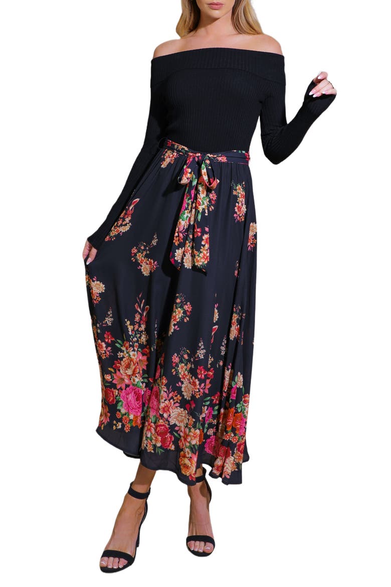 Floral Mix Off the Shoulder Midi Dress, Main, color, BLACK