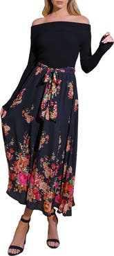 FLYING TOMATO Floral Mix Off the Shoulder Midi Dress